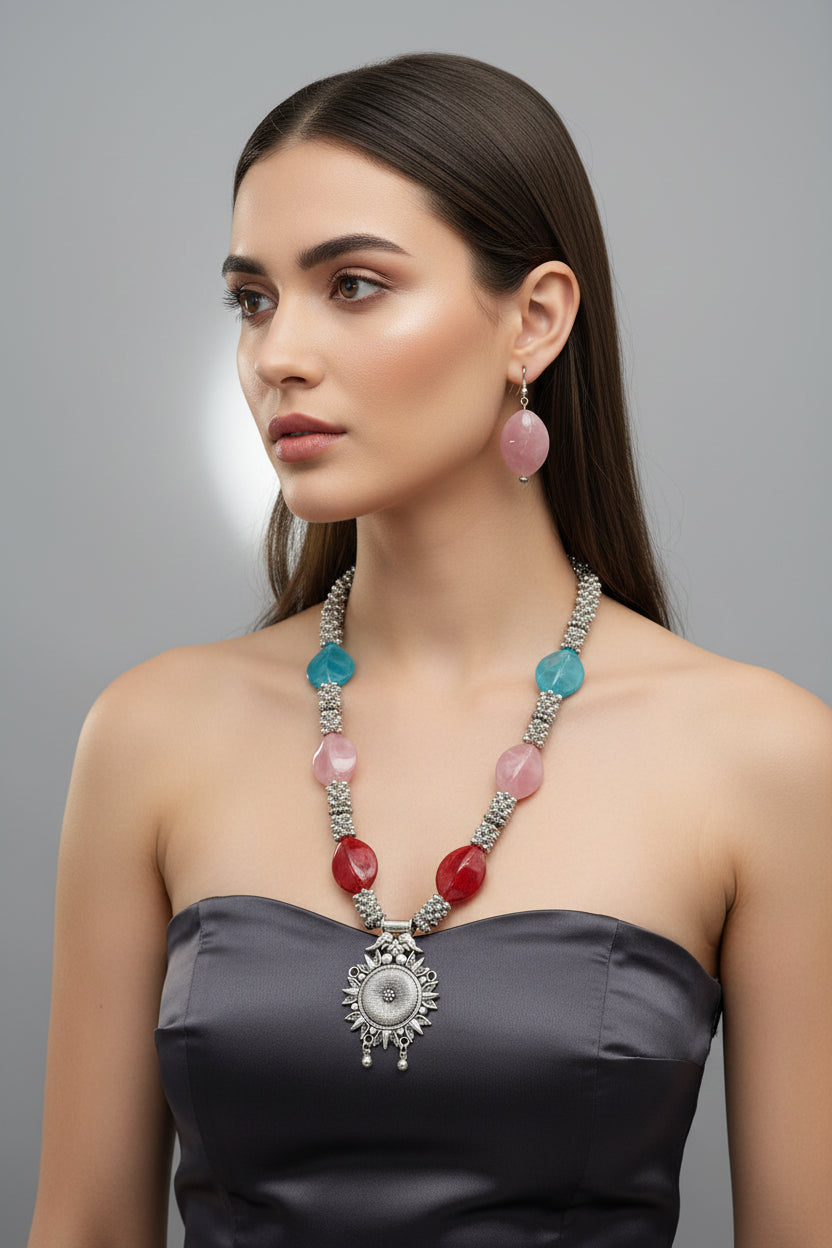 Elegant silver-coated brass bead necklace and earrings set; luxury bridal jewellery for evening wear and party wear, featuring a polished metallic finish and posh aesthetic.