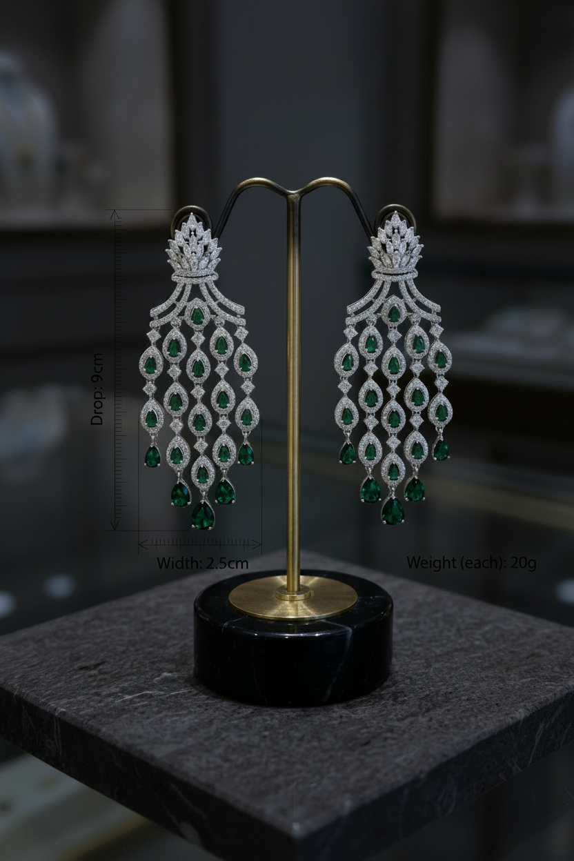 Pair of diamond and emerald earrings on a black stand with a blurred background