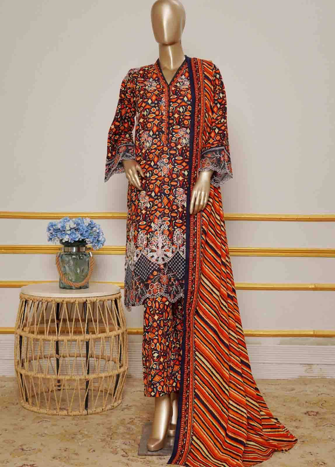 Stunning 3 piece Pakistani khaddar embroidered Eid dress front view for women