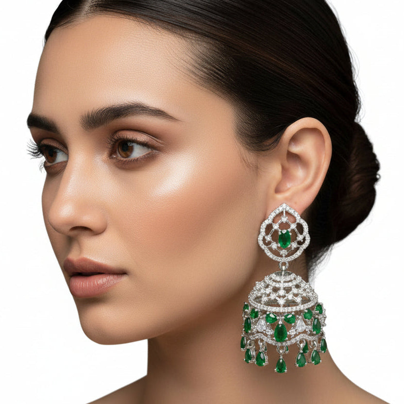 Emerald Green Jhumka Earrings in Silver Finish – American Diamond Statement Jewellery