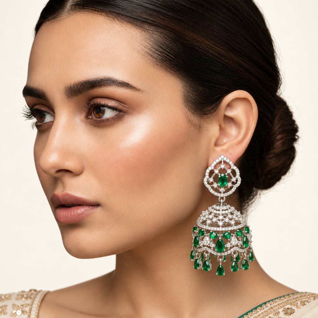 Emerald Green Jhumka Earrings in Silver Finish – American Diamond Statement Jewellery