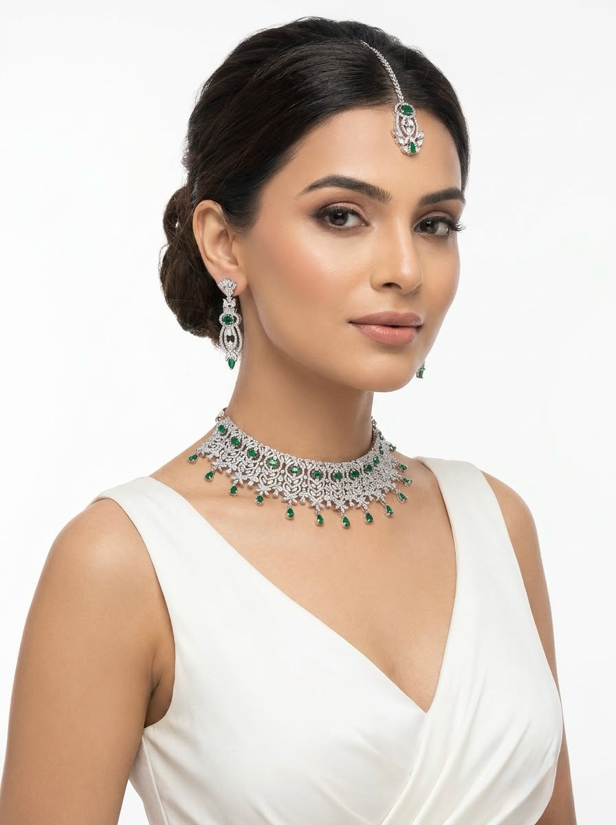 Bridal American Diamond Choker Set with Emerald Green teardrop stones, including matching earrings and maang tikka, worn by a model against a white background.