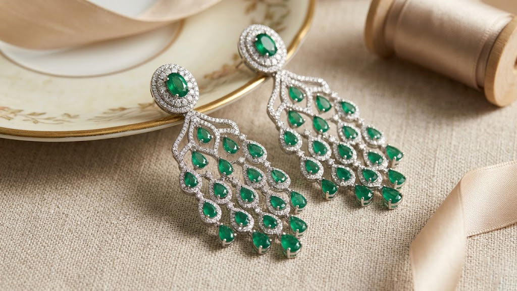 Intricately designed back and side view of a silver-toned statement earring with green emerald drops and brilliant accent stones displayed on a grey display prop.