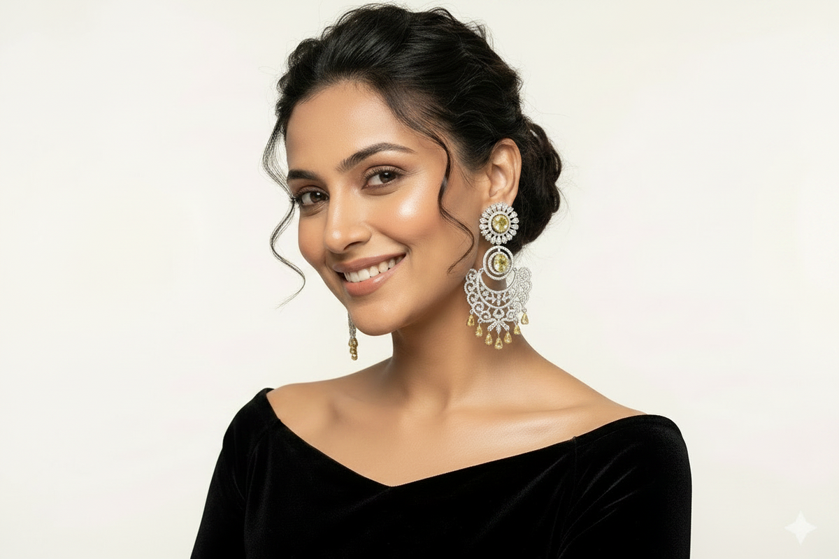 Model showcasing luxury canary yellow and silver crystal chaand bali statement earrings.