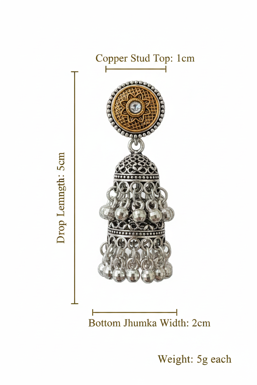 Dimension guide infographic showing a single heritage dual-tone oxidised silver jhumka earring against a white background, highlighting a 5cm drop length, 1cm copper stud top, 2cm bottom jhumka width, and a weight of 5g each.