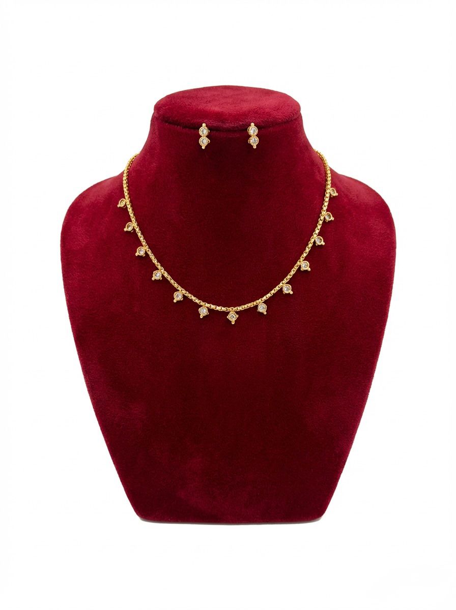 Exclusive one-of-a-kind Rose Gold Minakari necklace and stud earrings set displayed on a white luxury jewellery stand.