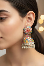 Extremely detailed hand-painted traditional Indian art jhumka earrings in pink and blue artwork.