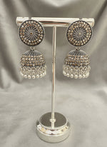 Lightweight silver drop earrings oxidised finish model shot