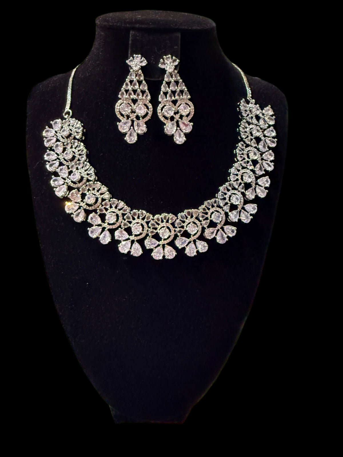 American Diamond Look Necklace Set - Silver Floral Design