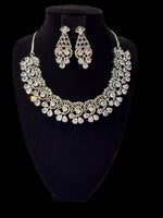 American Diamond Look Necklace Set - Silver Floral Design
