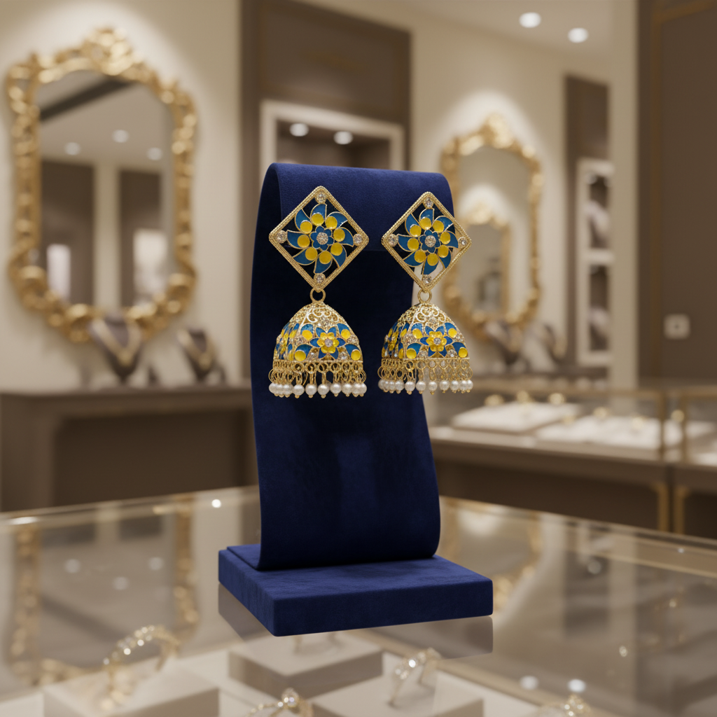 A pair of gold-plated brass Meenakari stud Jhumka earrings with green and white stones.