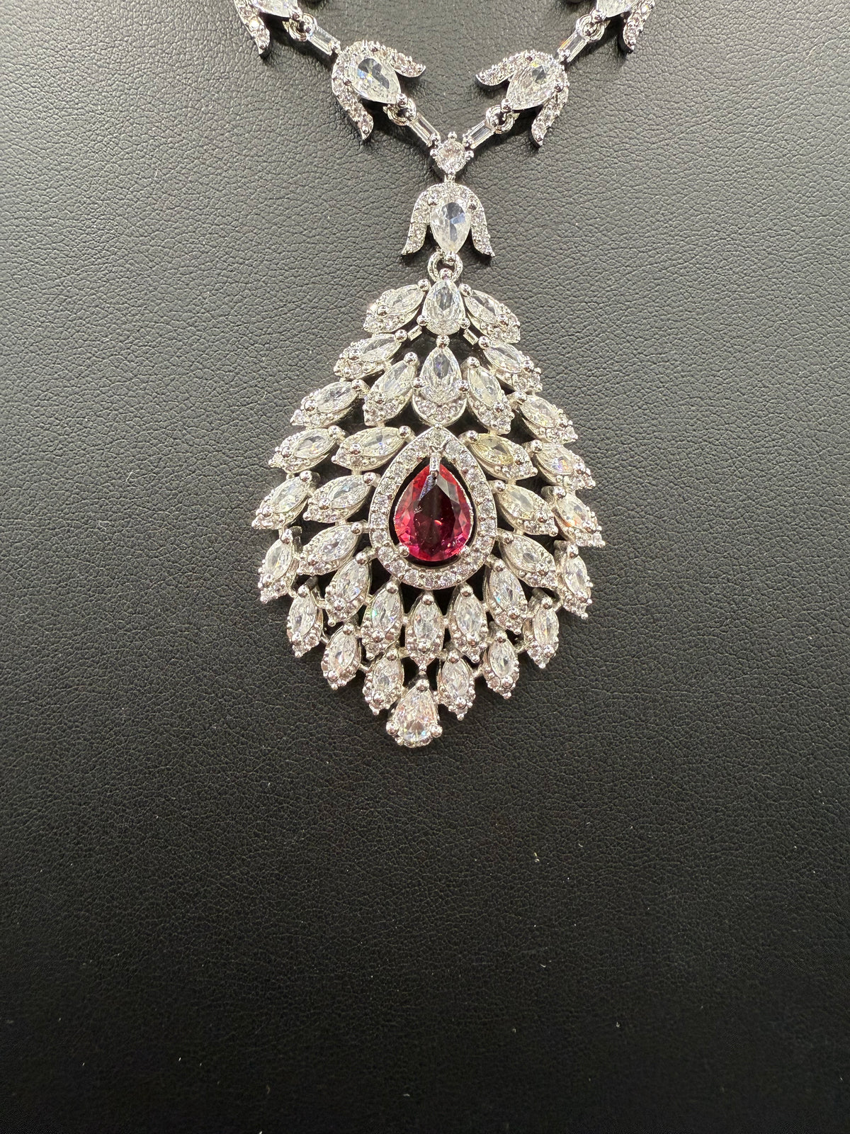 American Diamond & Emerald Necklace Set - Leaf Design | Famaza Couture