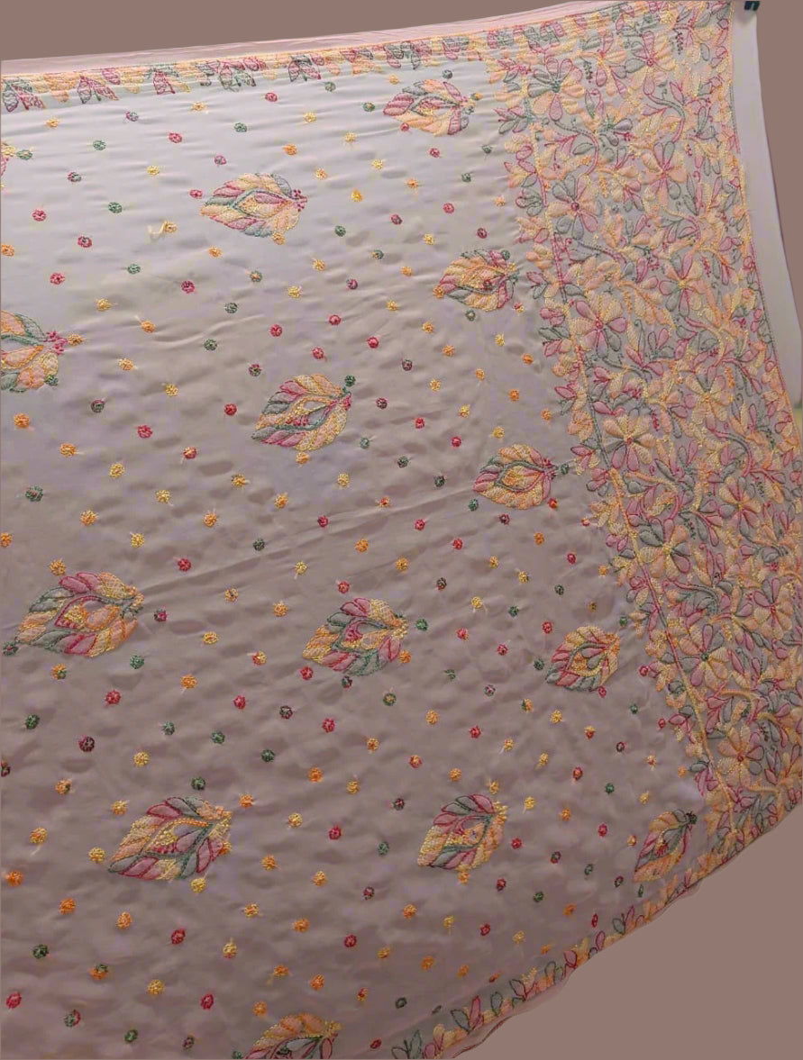 Georgette Saree with chikankari Keel Jaal Embroidery – Elegant Palla Work | Famaza Couture