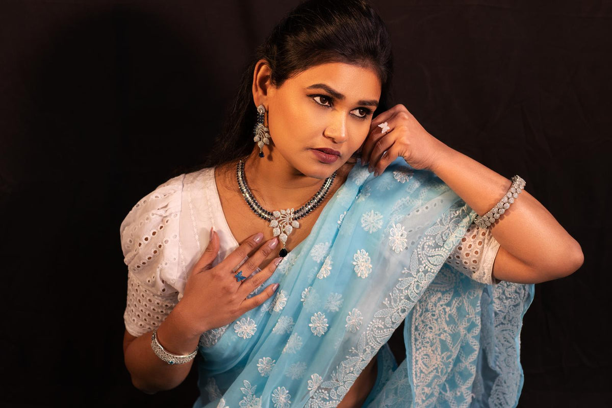 Full Jaal Chikankari Georgette Saree with Palla Keel Jaal Work – Elegant Ethnic Wear