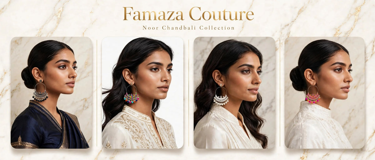 Luxury banner for Famaza CoutureChandbali Collection showing four distinct silver hoop earring designs — black filigree, vibrant multi-colour, pearl white, and pink-orange Meenakari — modelled against elegant marble gold background.