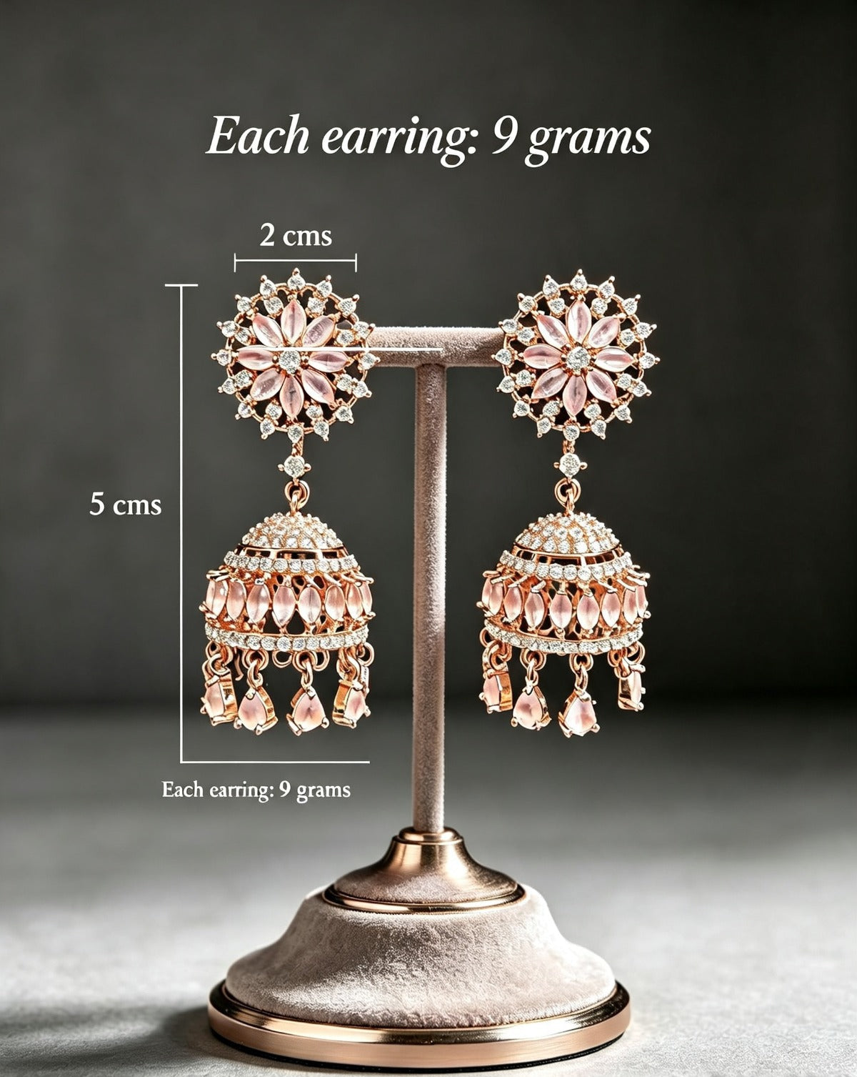 FC Rose Gold Pastel Pink Floral CZ Jhumka Earrings displayed with size dimensions (5 cm drop, 2 cm width) and weight specifications.