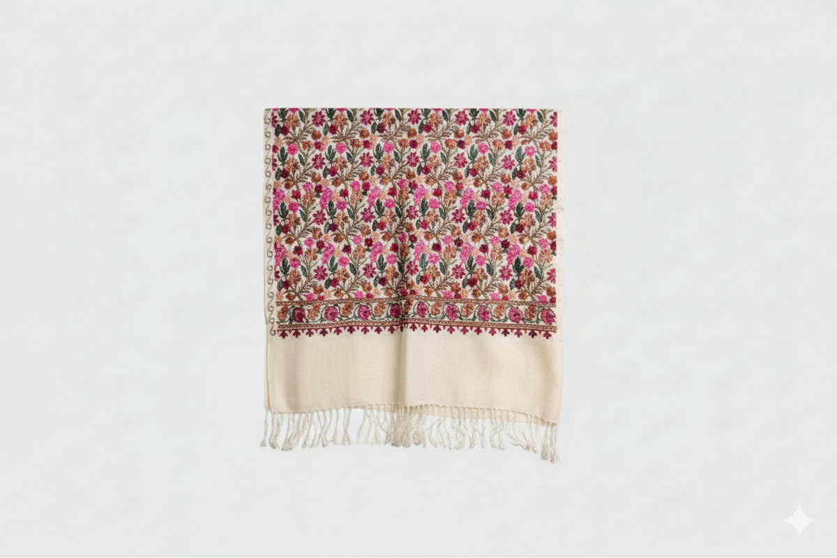 Floral patterned scarf with fringe on a light gray background