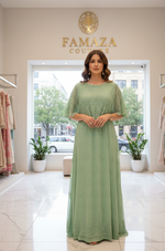 Handmade-Chikankari-Cape-Dress-Luxury-Viscose-apple green