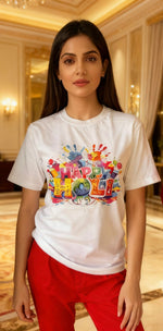 Front view of Famaza Couture premium white unisex Holi T-shirt made from breathable fabric, isolated on a clean white background.
