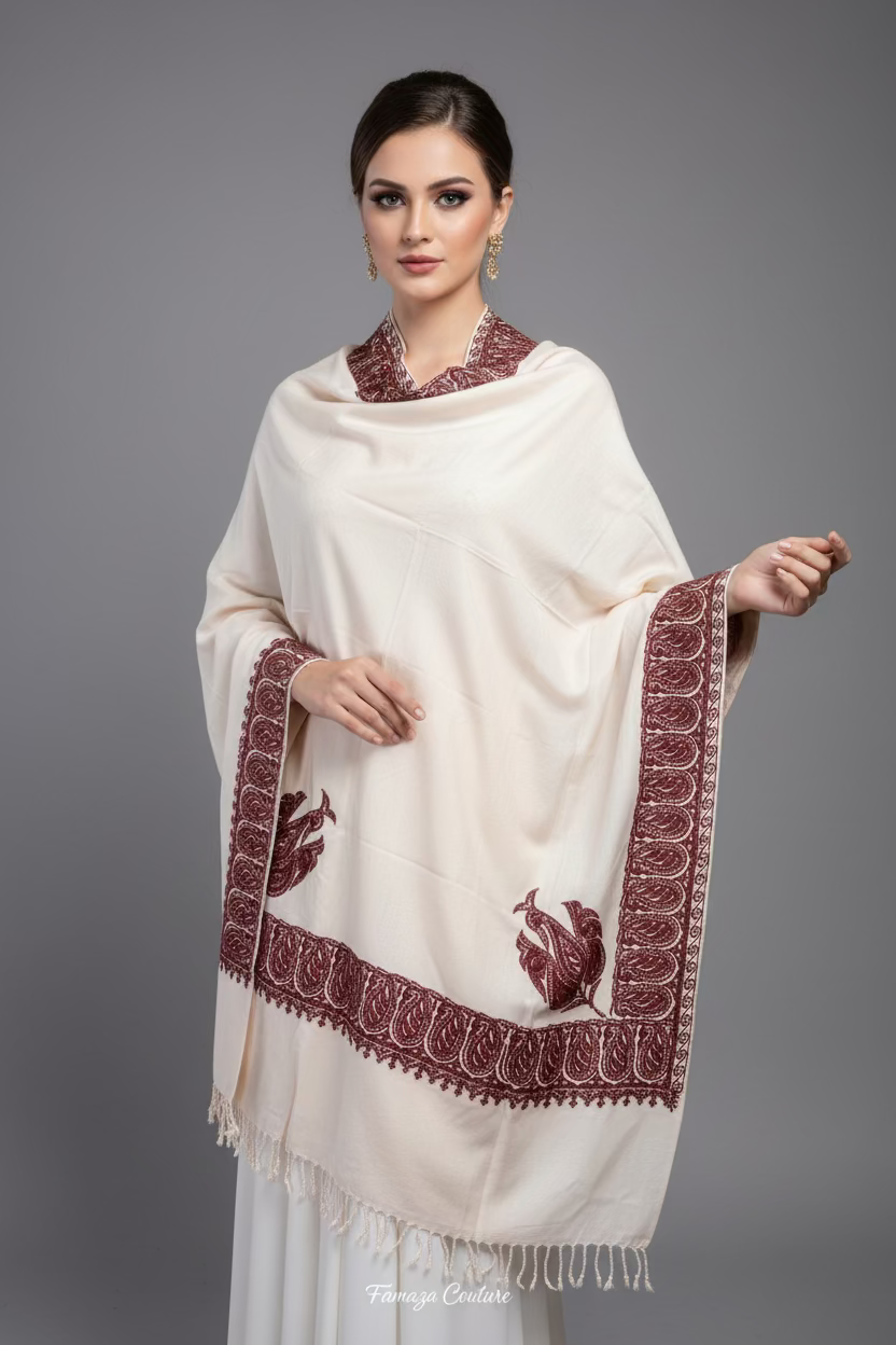 Kashmiri Embroidered Pashmina Scarf/Shawl | Exquisite Handcrafted Elegance – Famaza Couture