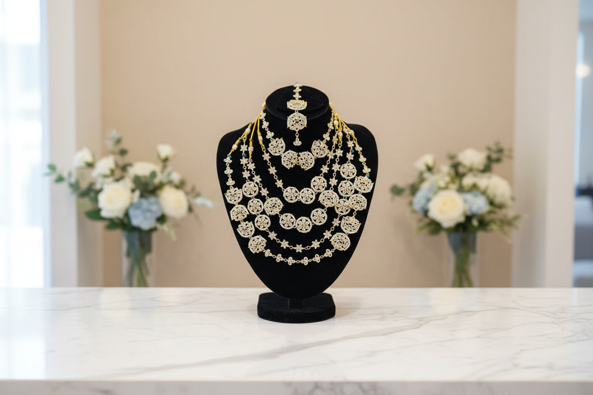 Full view of a bridal jewelry set featuring a layered Kundan choker, a long multi-strand pearl Mala, and a matching Maang Tikka.