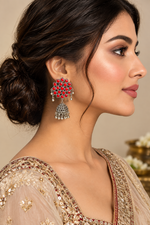 The Nisha Oxidised Red Kundan Stud Jhumka Earrings