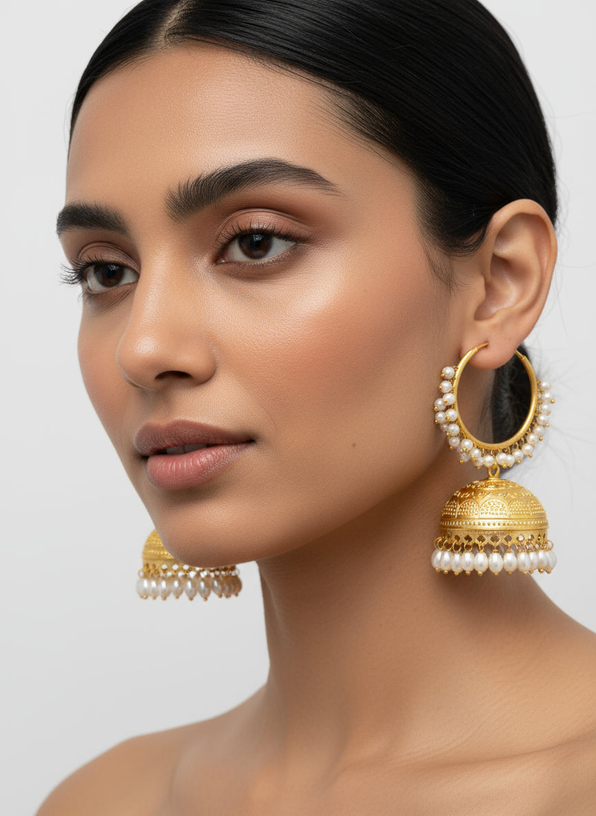 Gold earrings with pearl accents on a stand against a textured white background