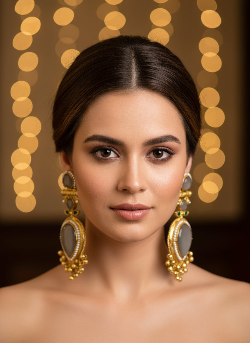 Gold and stone jewellery pieces on a textured beige surface