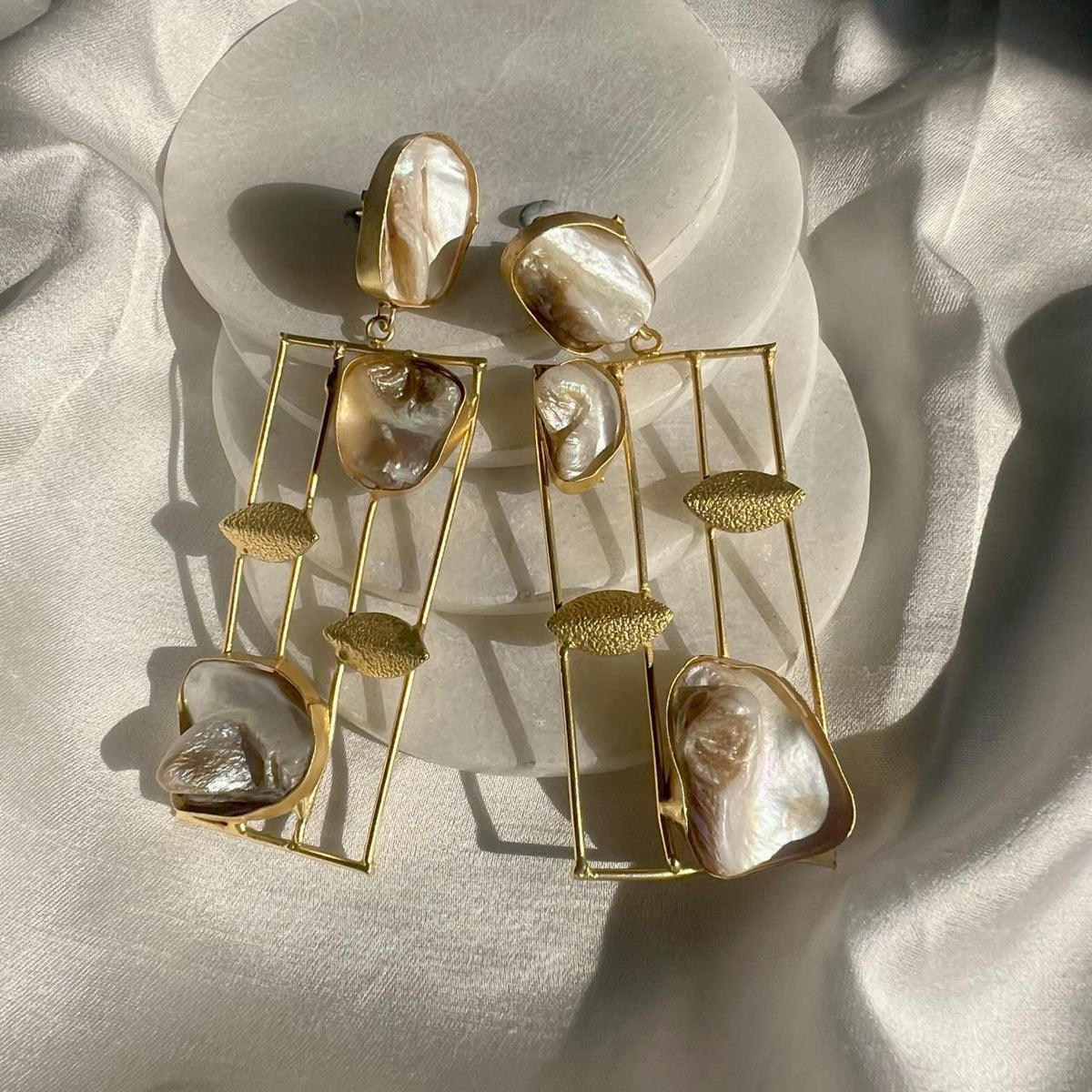 Gold colour Brass metal dangler earrings with Baroque Pearls.
