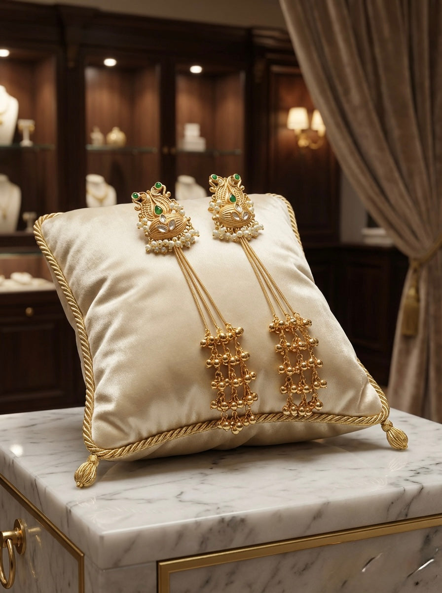 Gold earrings on a decorative pillow with a marble surface and blurred background