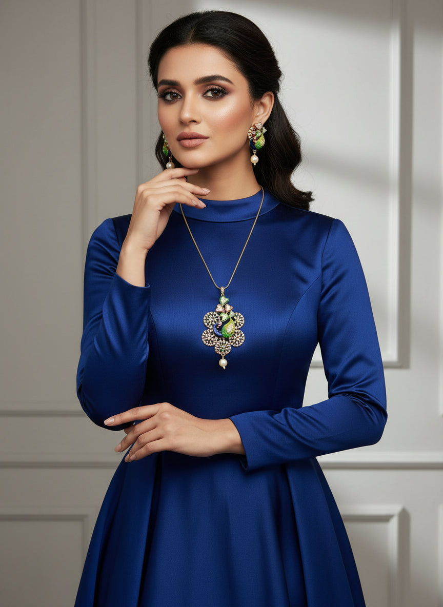 Gold polished a peacock pendant with vibrant green, blue, and gold enamel accents, along with sparkling embellishments, accompanied by matching earrings, displayed on a black mannequin necklace stand.