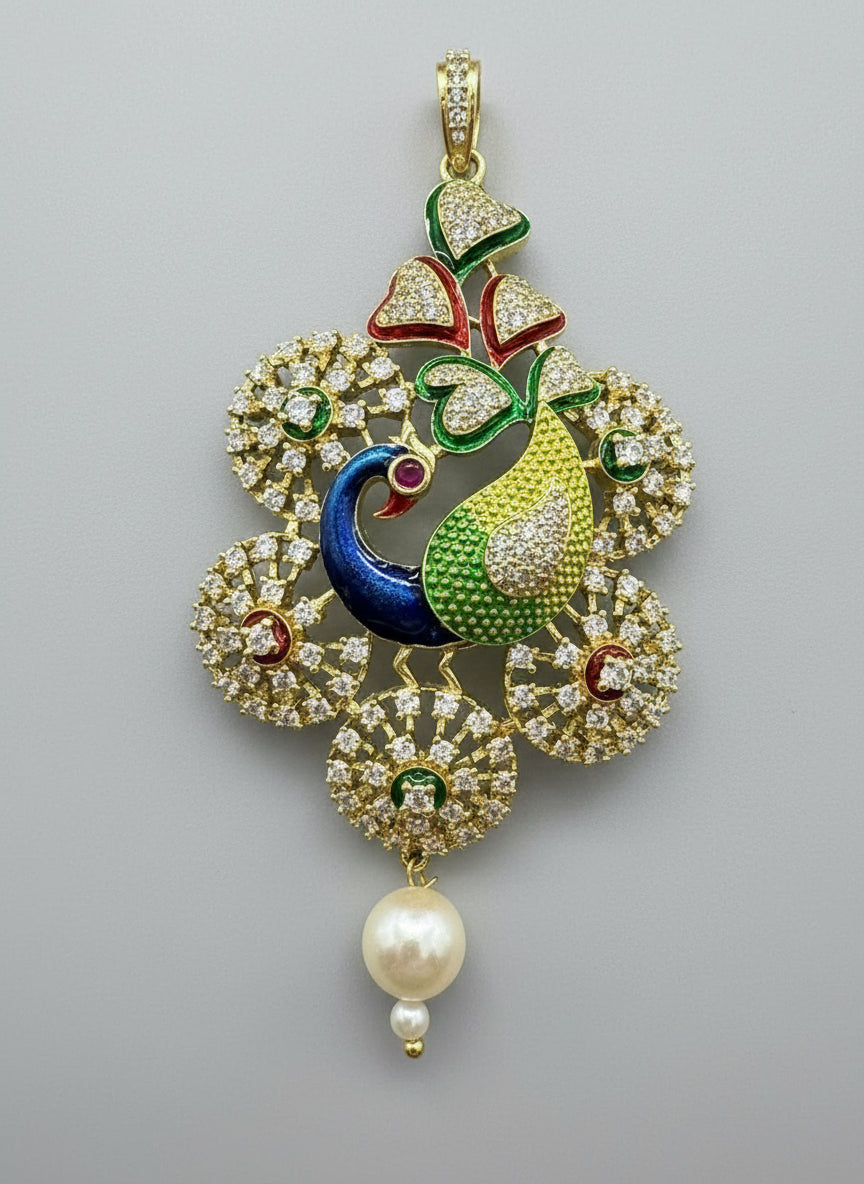 Gold polished a peacock pendant with vibrant green, blue, and gold enamel accents, along with white AD stones sparkling embellishments. Pendant is focused to show the design.