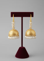 Gold hoop earrings with intricate designs on a stand against a textured white background