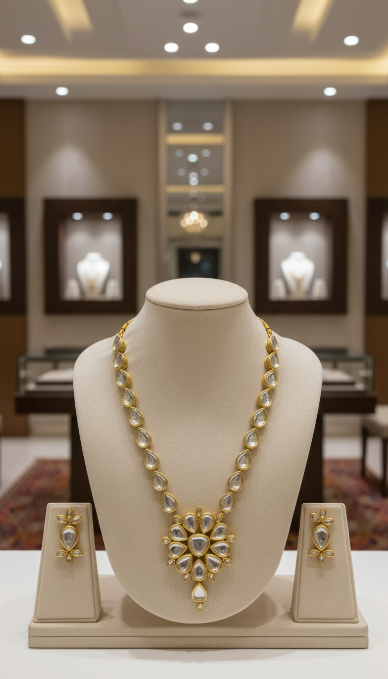 Gold tone kundan pear drop long mala necklace by famaza couture