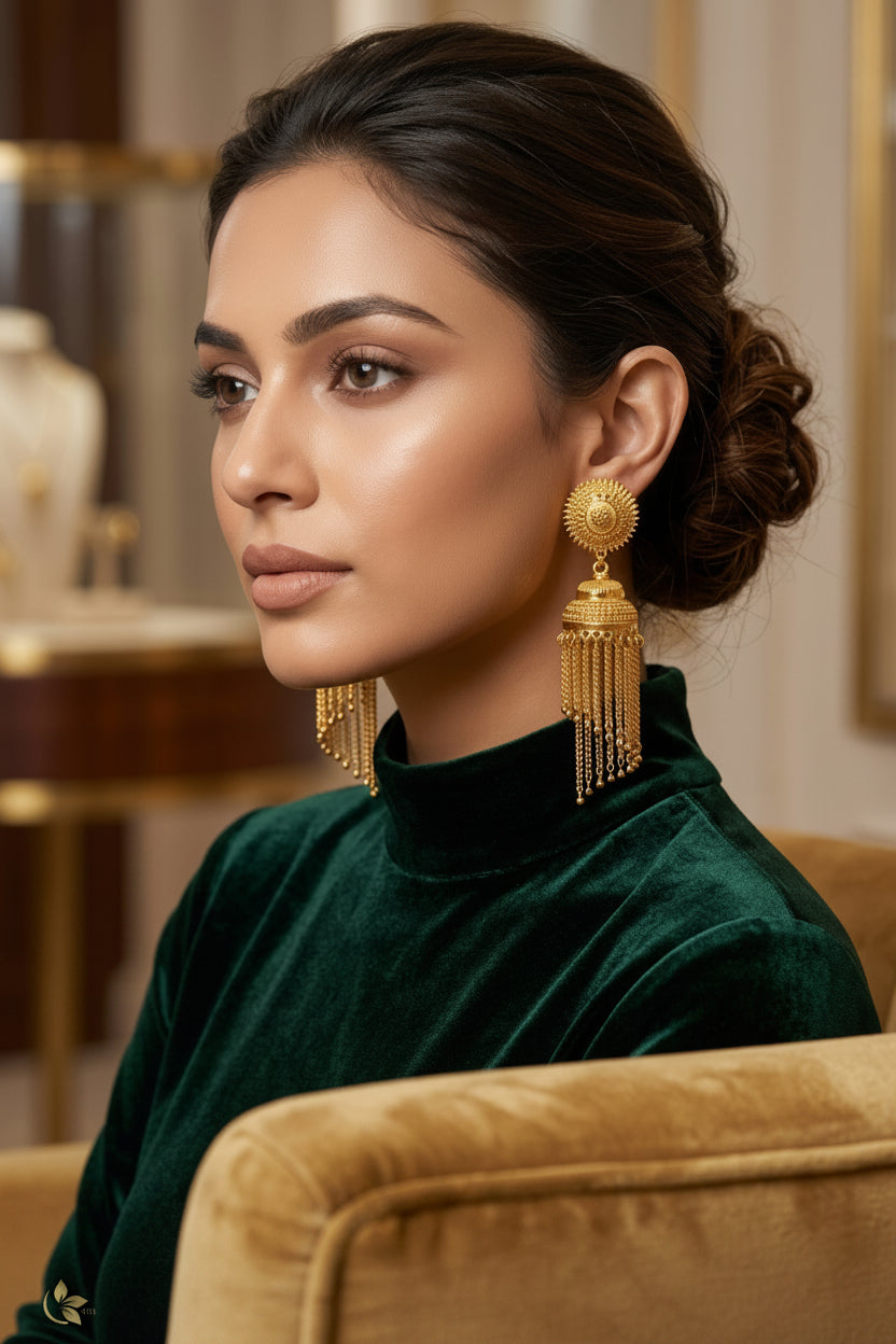 Elegant gold-plated jhumka earrings with intricate sunburst studs and delicate cascading chain tassels worn by a model.