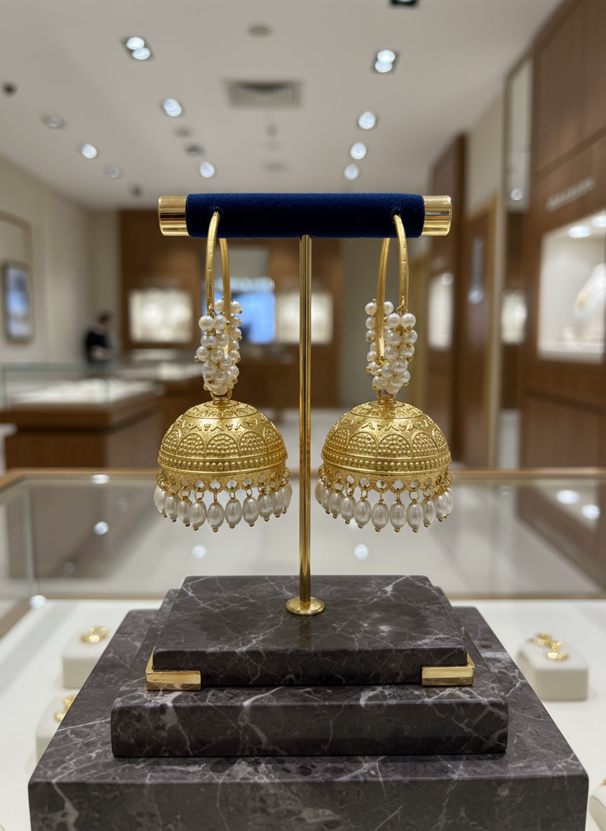 Gold earrings with intricate designs on a stand against a textured white background