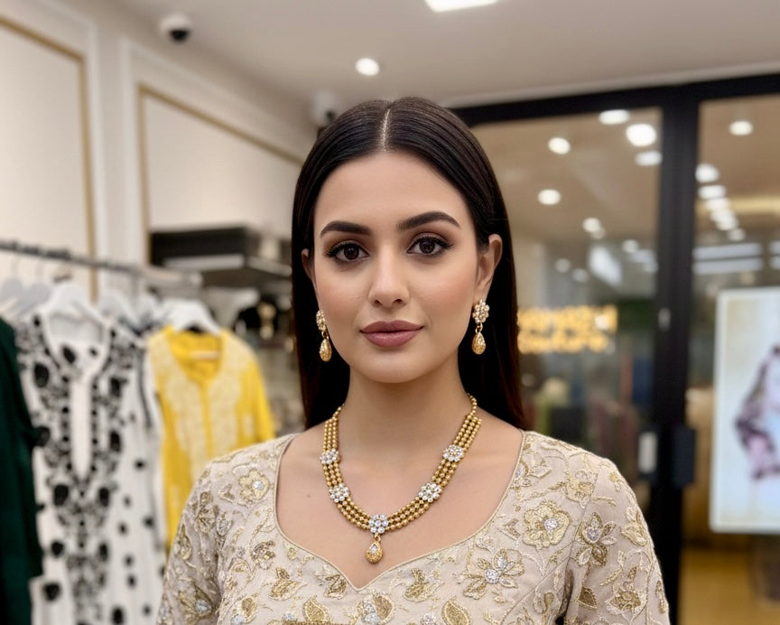 Golden floral choker necklace with white semi-precious stones and matching earrings - Famaza Couture