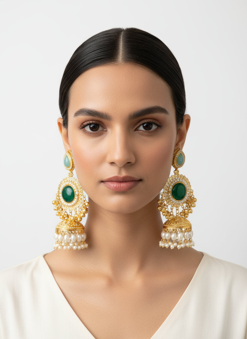 Gold and green earrings held in a hand with a blurred background
