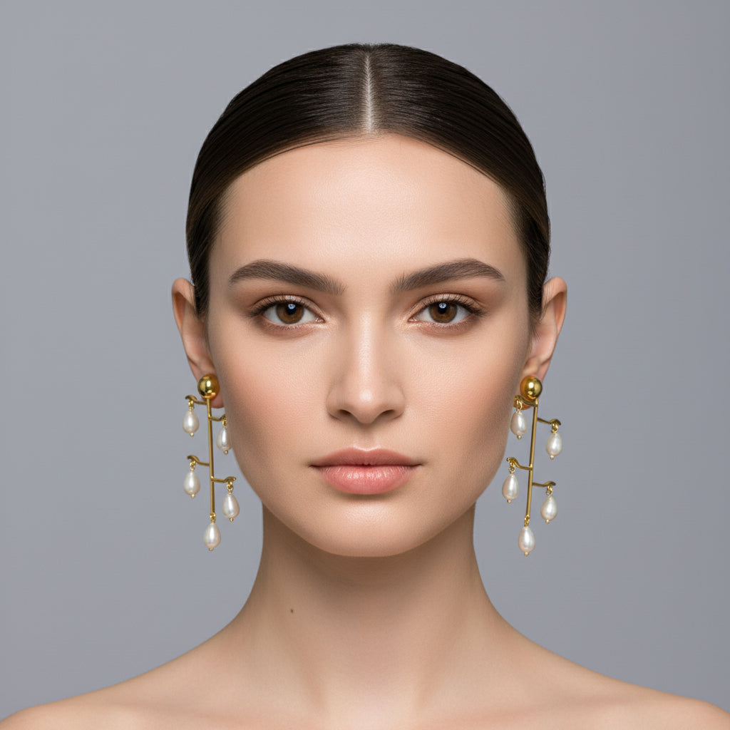 Woman wearing gold earrings with pearl-like beads on a gray background