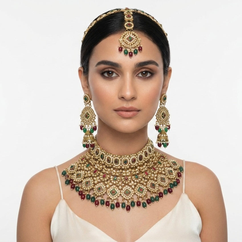 Grand multicolor golden bridal choker set with emerald green and ruby red kundan stones for brides in UK, USA and Dubai