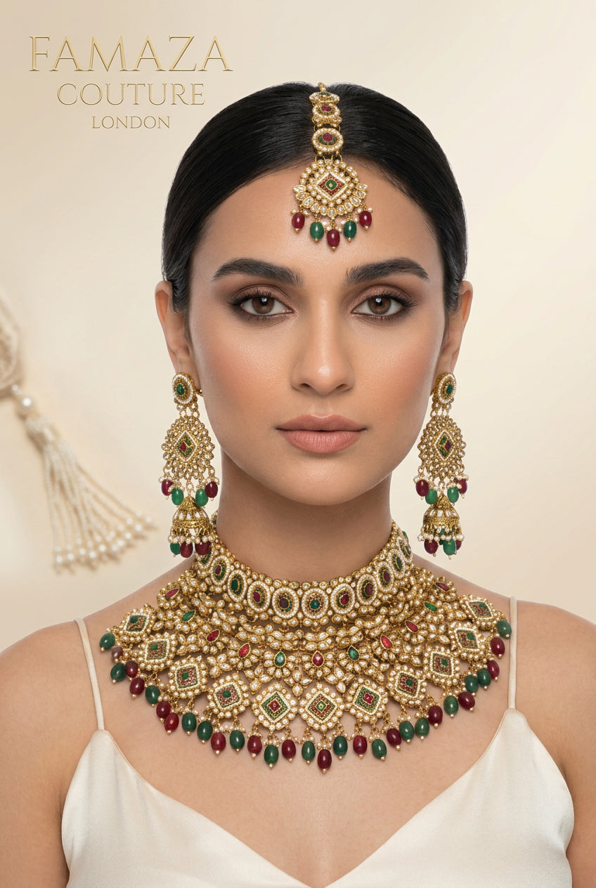 Grand multicolor golden bridal choker set with emerald green and ruby red kundan stones for brides in UK, USA and Dubai