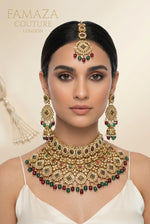 Grand multicolor golden bridal choker set with emerald green and ruby red kundan stones for brides in UK, USA and Dubai