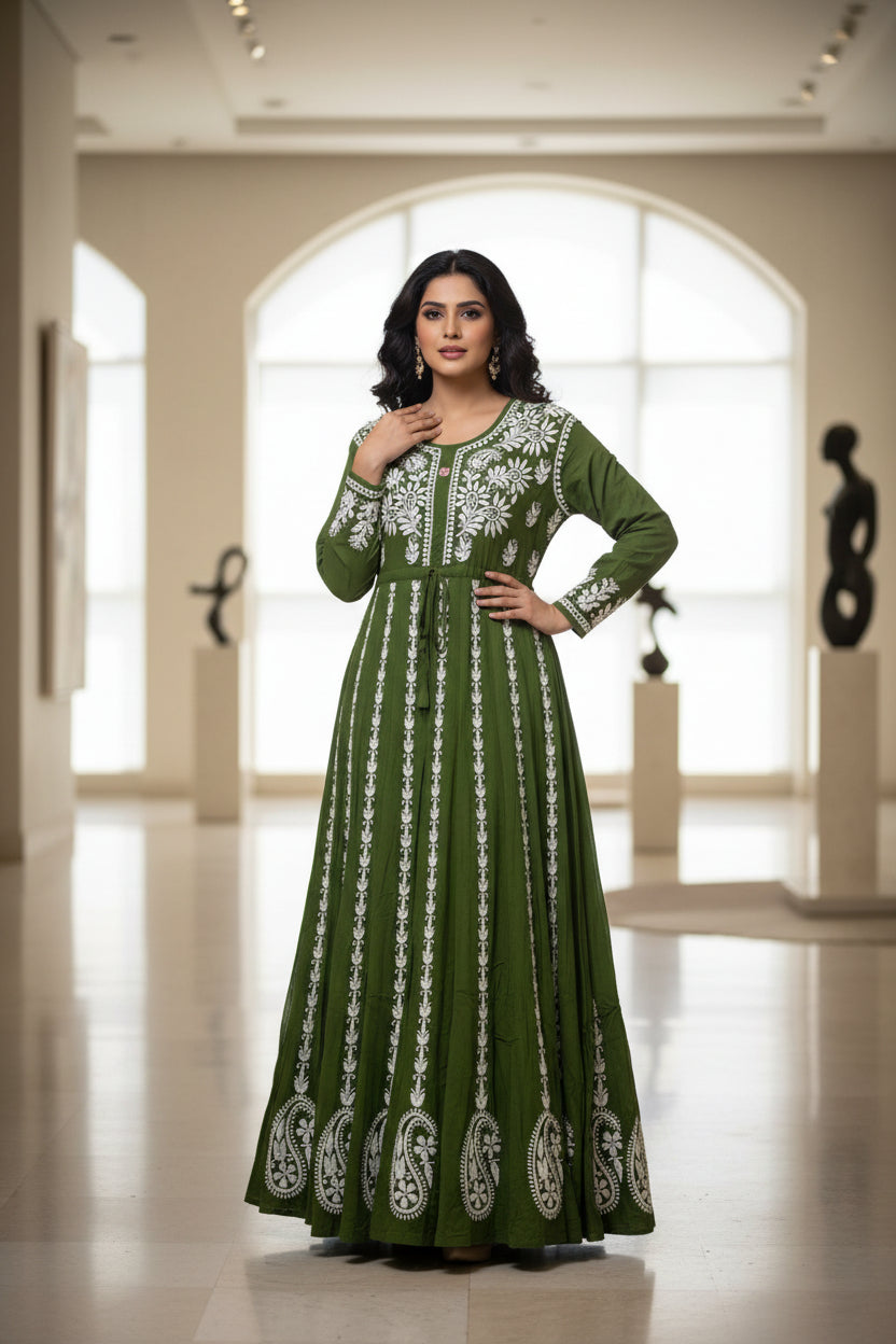 Green chikankari hand embroidered Aanarkali long dress front view.