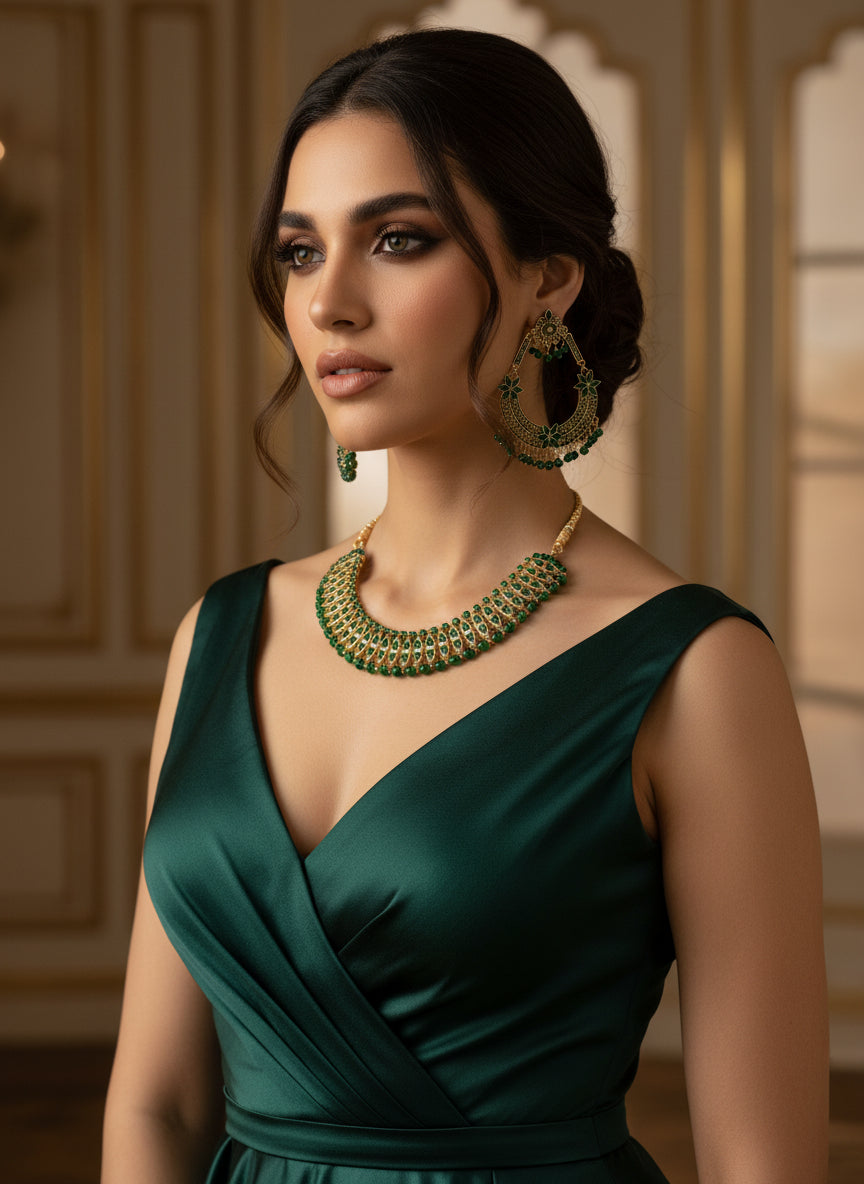 Green colour stones with golden plating chocker necklace and earrings in chand bali design.