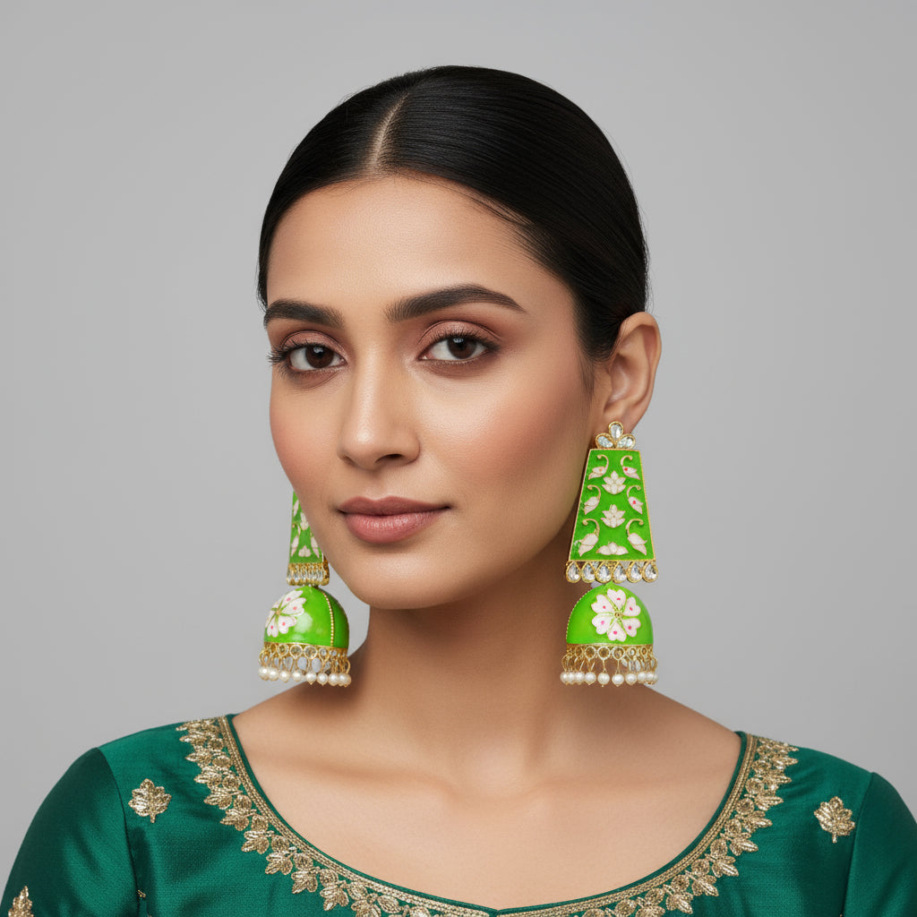 A pair of gold-plated Meenakari long Jhumka earrings with green and white enamel work and pearl accents.