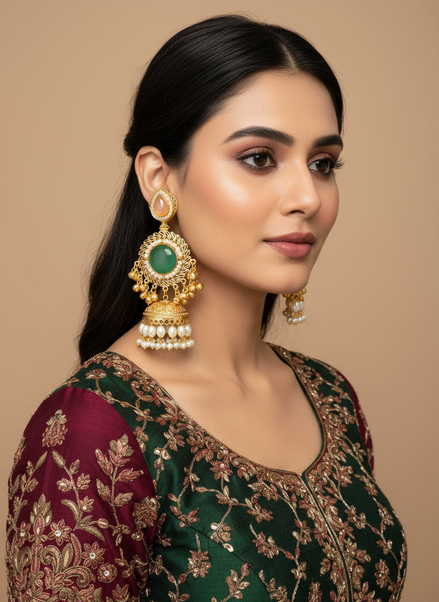 Gold and green decorative item held by a hand with a blurred background