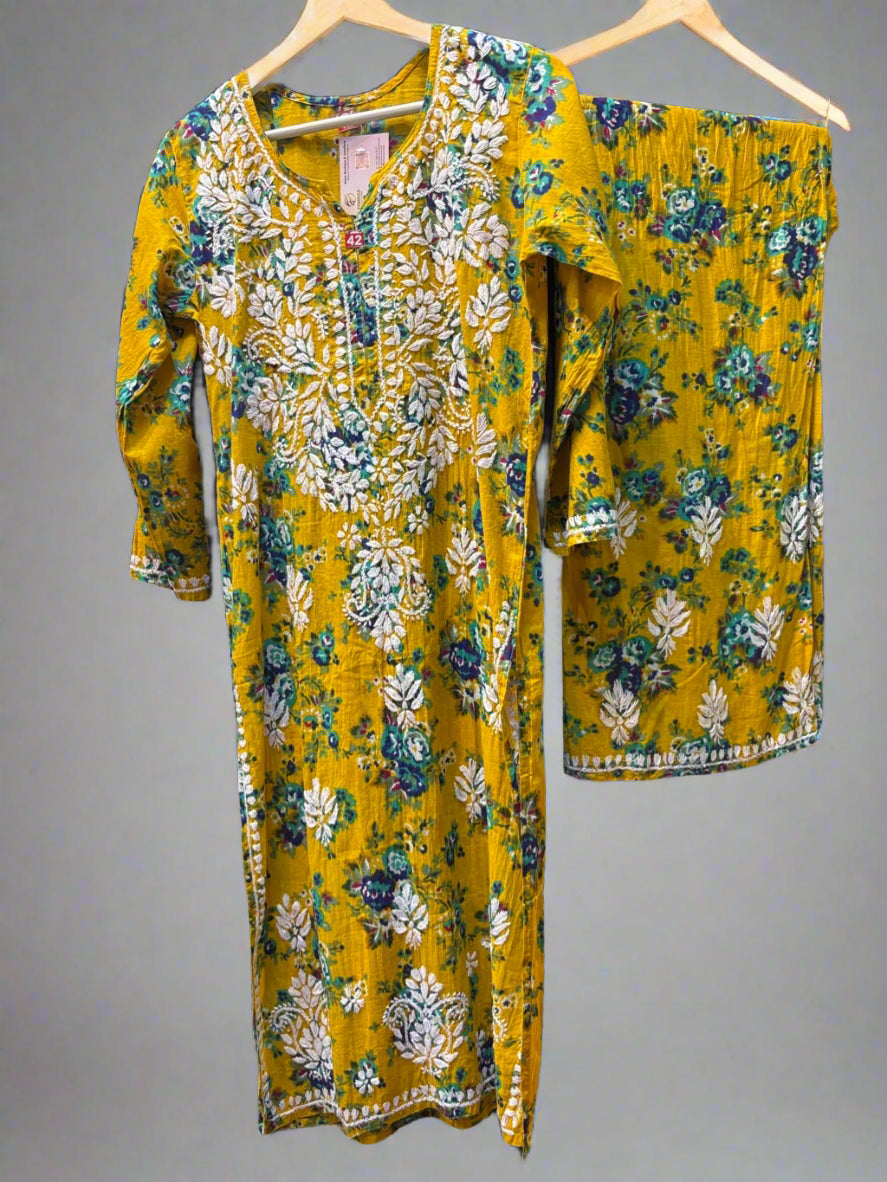 Mustard Chikankari Kurti Palazzo Set in Printed Mul Cotton