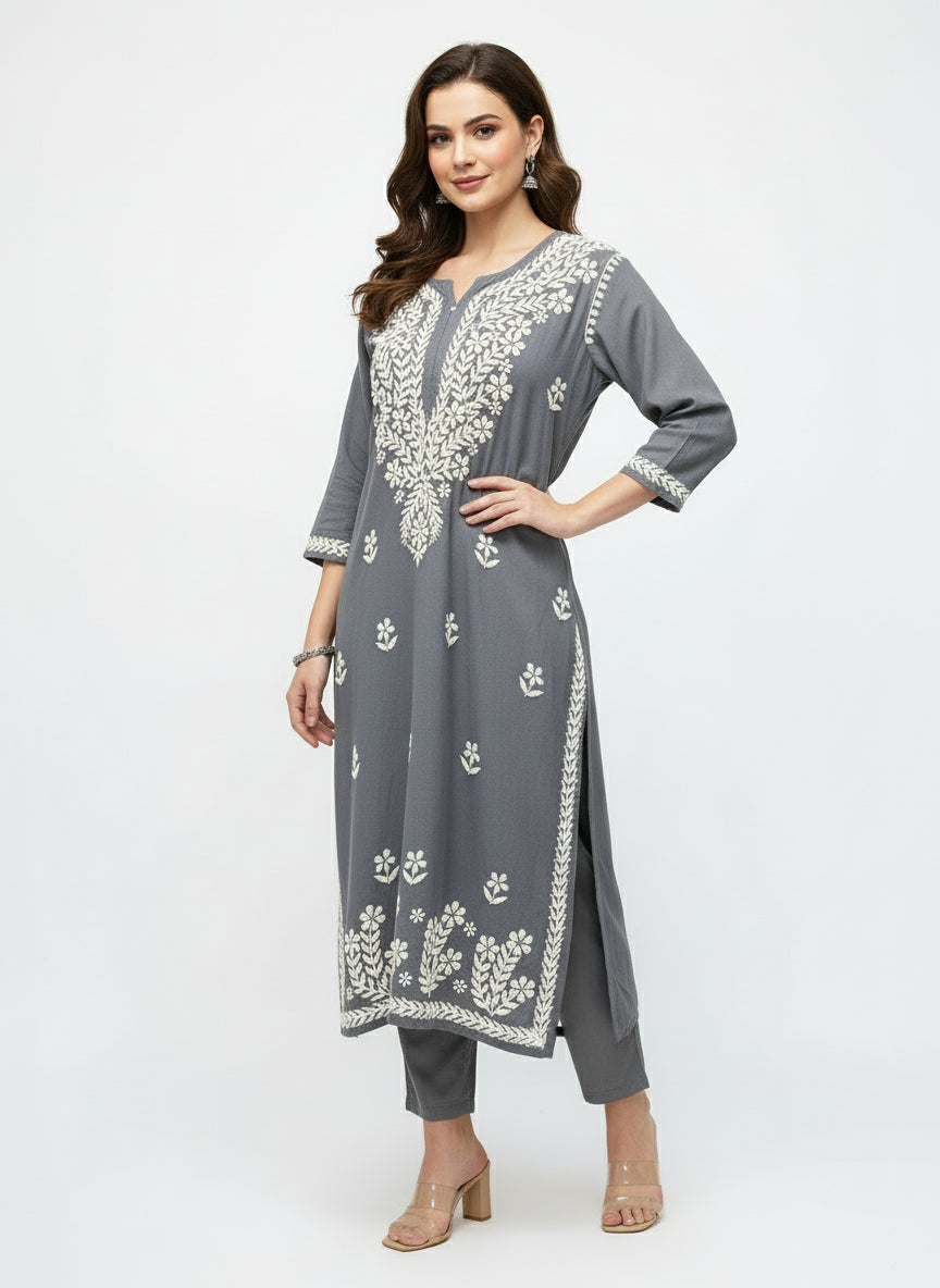 Grey colour rayon fabric UK 5XL plus size chikankari kurti with white thread embriodery.