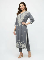 Grey colour rayon fabric UK 5XL plus size chikankari kurti with white thread embriodery.