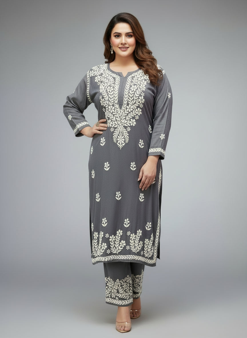 Grey colour rayon fabric plus size 2pc shirt and trousers with white thread chikankari embroidery on the kurti and trousers.